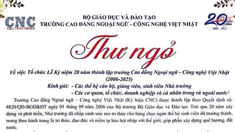 THƯ NGỎ LỄ KỶ NIỆM 20 NĂM THÀNH LẬP TRƯỜNG