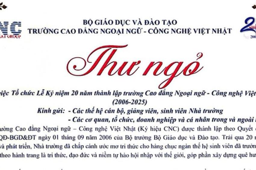 THƯ NGỎ LỄ KỶ NIỆM 20 NĂM THÀNH LẬP TRƯỜNG